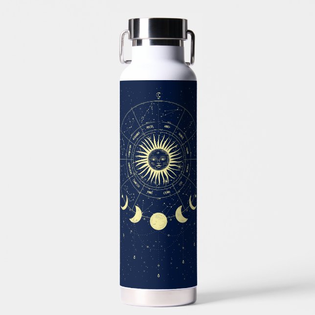 Celestial Sun Moon Phases Zodiac Water Bottle (Front)