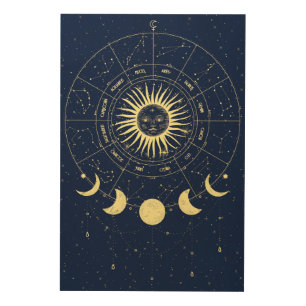 Celestial Sun Moon Phases Zodiac Wood Wall Art