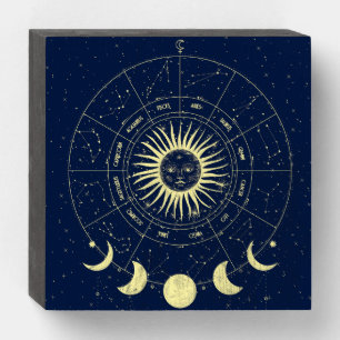 Celestial Sun Moon Phases Zodiac Wooden Box Sign