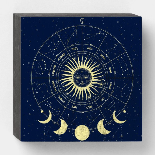 Celestial Sun Moon Phases Zodiac Wooden Box Sign (Front Horizontal)