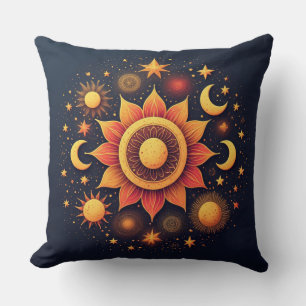 Celestial Sun Moon Star Mystical Night Sky Decor Throw Pillow