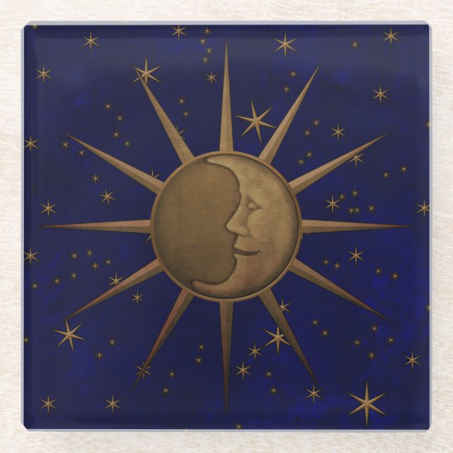 Celestial Sun Moon Starry Night Glass Coaster (Front)