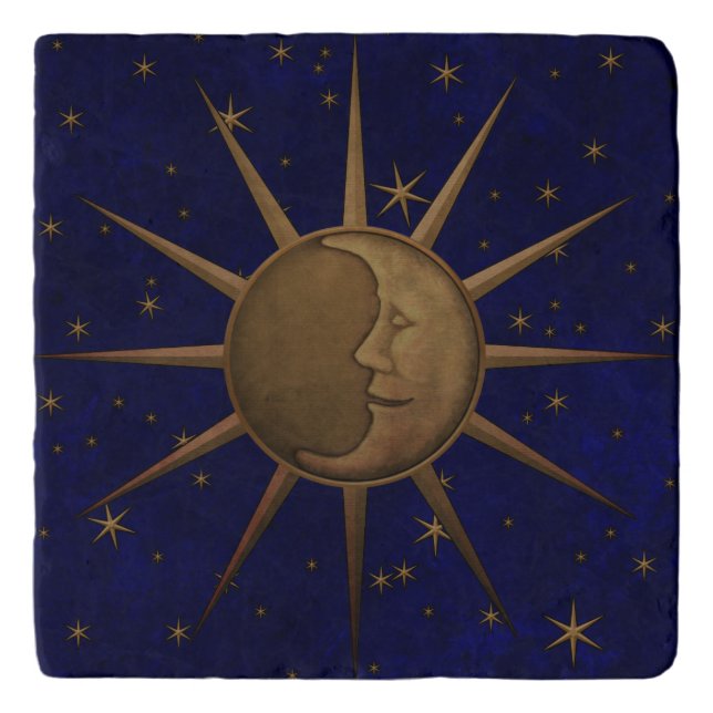 Celestial Sun Moon Starry Night Marble Trivet (Front)