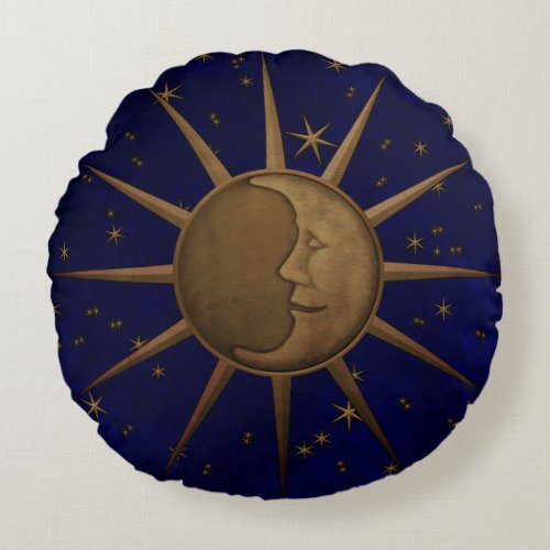 Celestial Sun Moon Starry Night Round Pillow