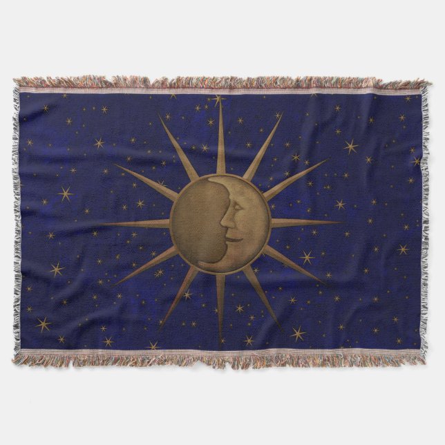 Celestial Sun Moon Starry Night Throw Blanket (Front)