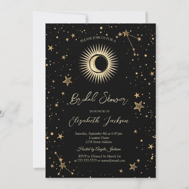 Celestial Sun,Moon,Stars Black Bridal Shower Invitation (Front)