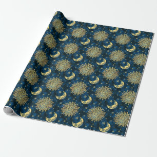 Celestial Sun Moon Stars Blue Gold Tarot Wrapping Paper