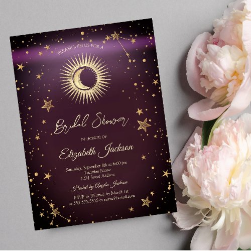 Celestial SunMoonStars Burgundy Bridal Shower Invitation