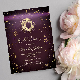 Celestial Sun,Moon,Stars Burgundy Bridal Shower Invitation