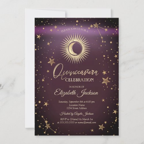 Celestial SunMoonStars Burgundy Quinceanera Invitation
