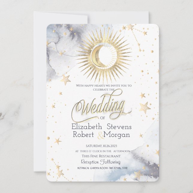 Celestial Sun,Moon,Stars Chic Wedding   Invitation (Front)