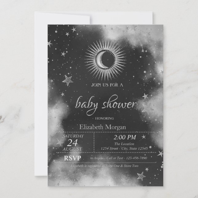 Celestial Sun,Moon,Stars Gray Baby Shower  Invitation (Front)