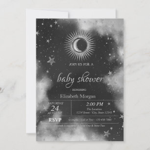 Celestial Sun,Moon,Stars Gray Baby Shower Invitation