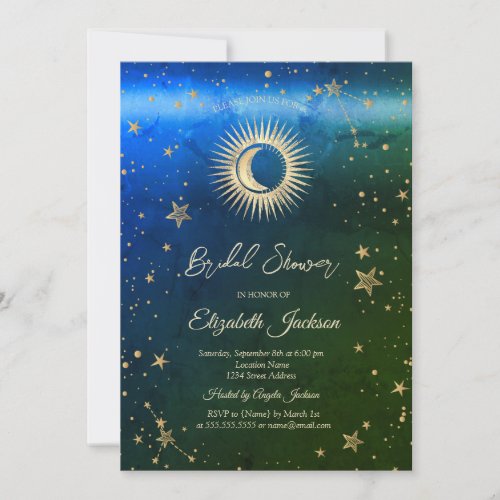 Celestial SunMoonStars Green Blue Bridal Shower Invitation