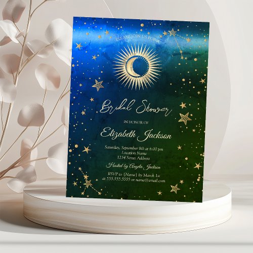 Celestial SunMoonStars Green Blue Bridal Shower Invitation