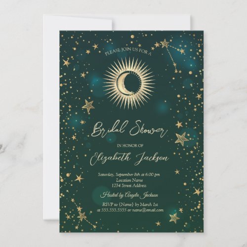 Celestial SunMoonStars Green Bridal Shower Invitation