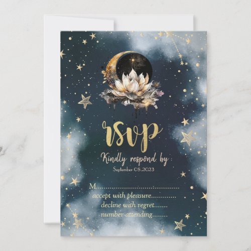 Celestial SunMoonStars Lotus Night Sky RSVP   Invitation