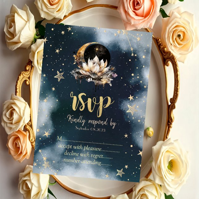 Celestial Sun,Moon,Stars Lotus Night Sky RSVP   Invitation (Creator Uploaded)