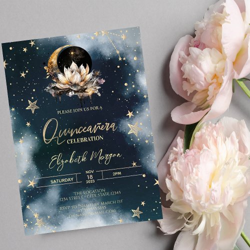 Celestial SunMoonStars Lotus Sky Quinceanera Invitation