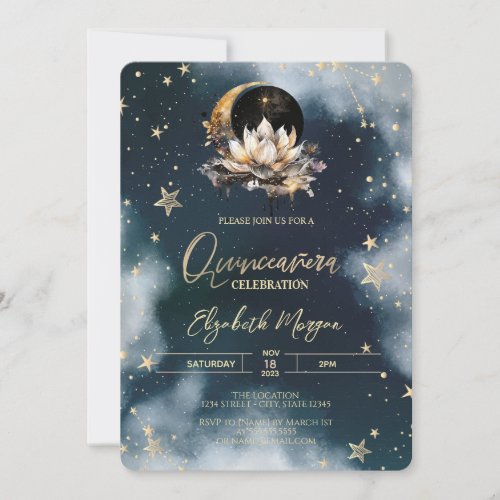 Celestial SunMoonStars Lotus Sky Quinceanera Invitation