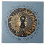 Celestial Sun Moon Stars Midnight Sky Personalized Ceramic Tile<br><div class="desc">An elegant ancient ethereal sun moon stars tile that can be customized with your own favorite quote or your name. You may use these for home decor backsplash,  as coasters or as a decorative tile. Blue background. You can add your favorite quote or your name.</div>