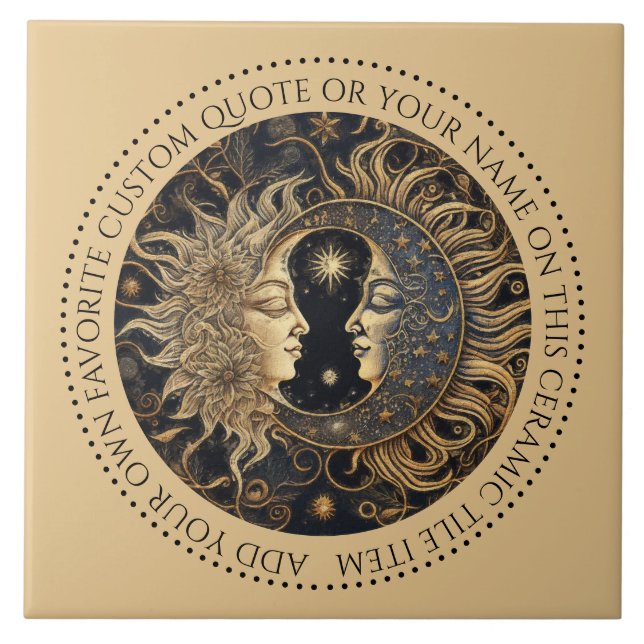 Celestial Sun Moon Stars Midnight Sky Personalized Ceramic Tile (Front)