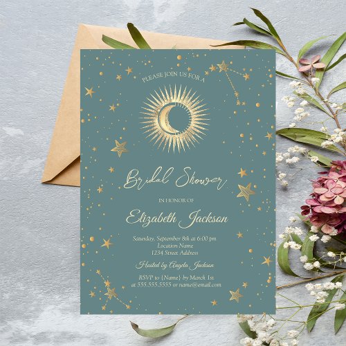 Celestial SunMoonStars Mint Green Bridal Shower Invitation