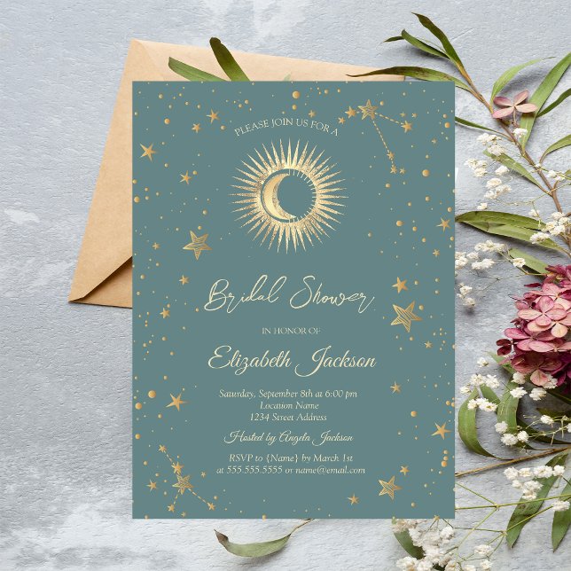 Celestial Sun,Moon,Stars Mint Green Bridal Shower Invitation (Creator Uploaded)