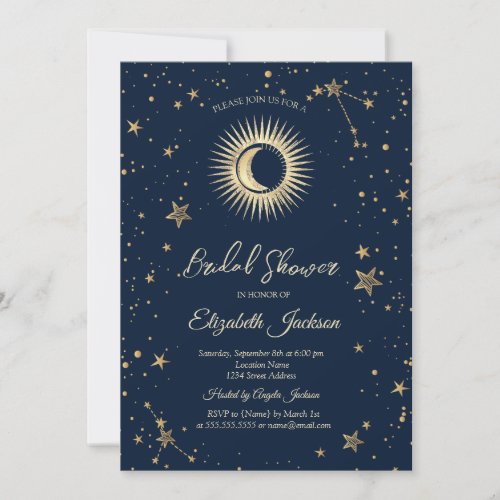 Celestial SunMoonStars Navy Blue Bridal Shower Invitation