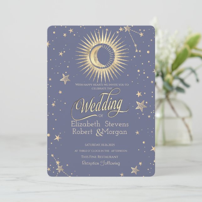 Celestial Sun,Moon,Stars Pastel Wedding   Invitation (Standing Front)