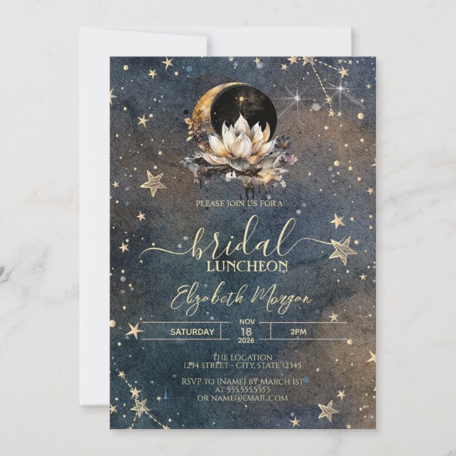 Celestial Sun,Moon,Stars Roses Dark Bridal Invitation (Front)