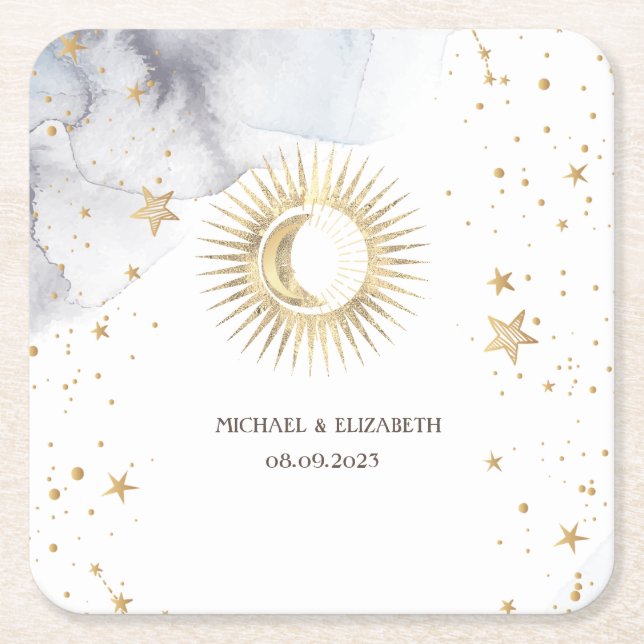 Celestial Sun,Moon,Stars  Square Paper Coaster (Front)