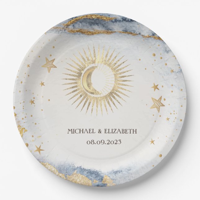 Celestial Sun,Moon,Stars Watercolor Paper Plates (Front)