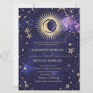 Celestial Sun,Moon,Stars Watercolor Purpe Invitation