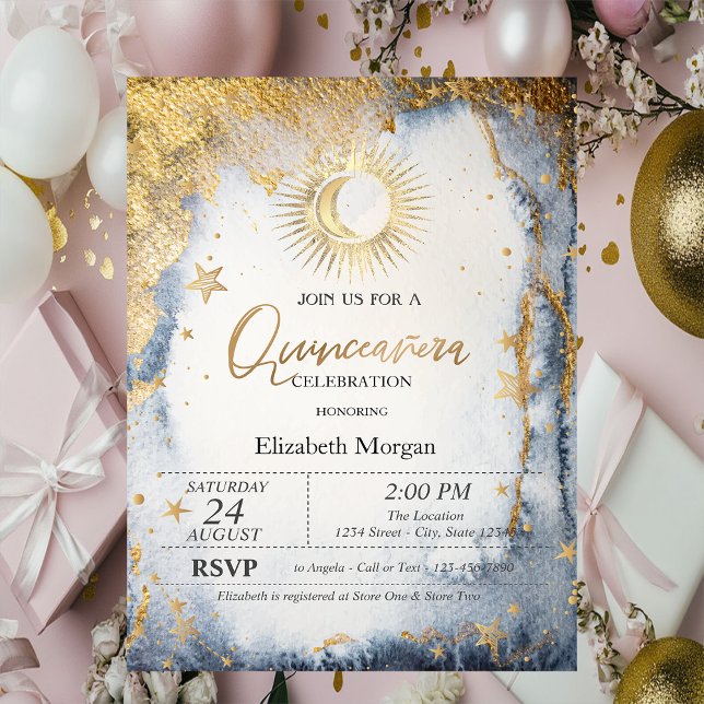 Celestial Sun,Moon,Stars Watercolor Quinceanera Invitation (Creator Uploaded)