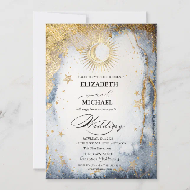 Celestial Sun,Moon,Stars Watercolor Script Invitation | Zazzle