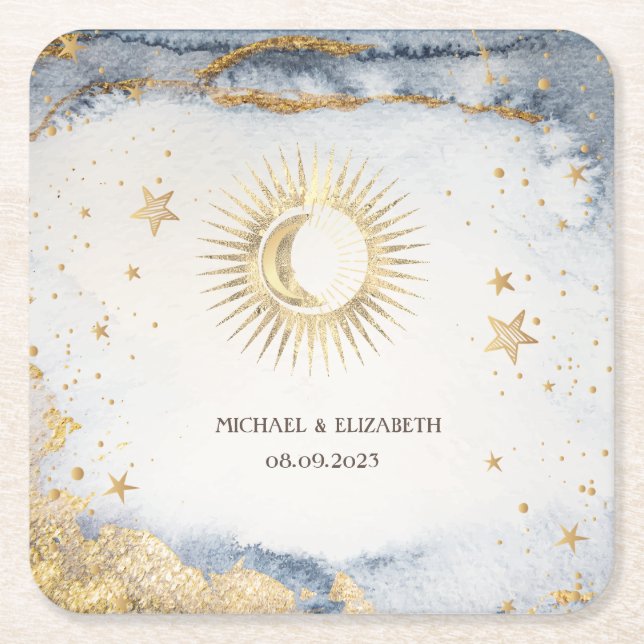Celestial Sun,Moon,Stars Watercolor Square Paper Coaster (Front)