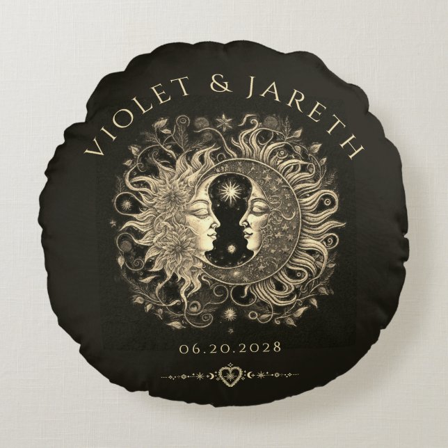 Celestial Sun Moon Stars Wedding  Round Pillow (Front)