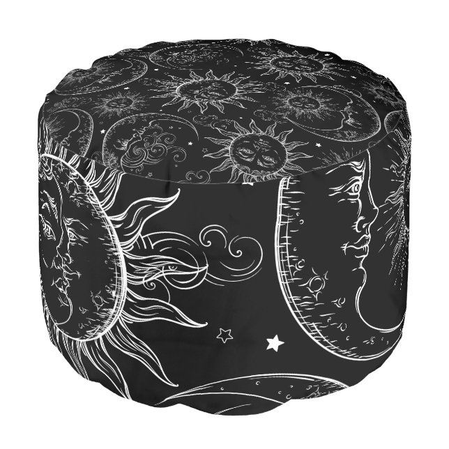 Celestial Sun Moon Stars Whimsical Black White Pouf (Angled Front)
