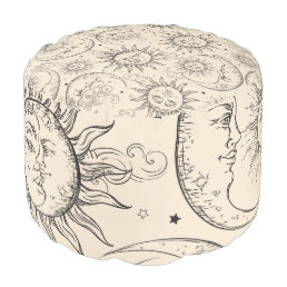 Celestial Sun Moon Stars Whimsical Cream Black Pouf