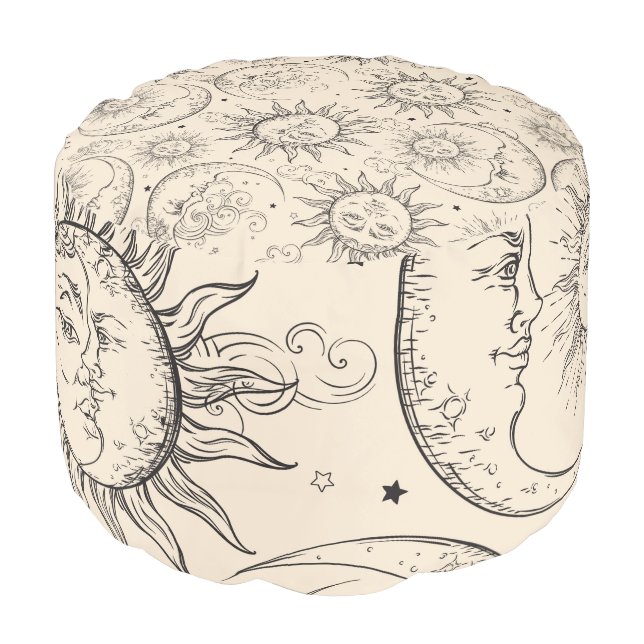 Celestial Sun Moon Stars Whimsical Cream Black Pouf (Angled Front)