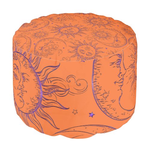 Celestial Sun Moon Stars Whimsical Orange Purple Pouf