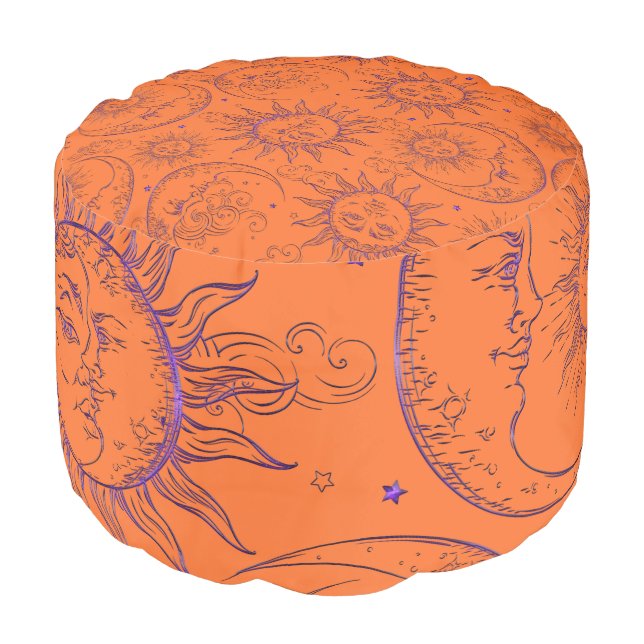 Celestial Sun Moon Stars Whimsical Orange Purple Pouf (Angled Front)