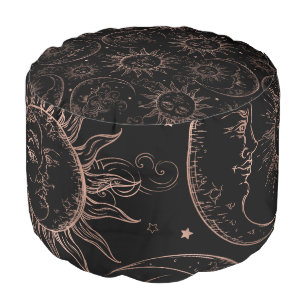 Celestial Sun Moon Stars Whimsical Rose Gold Black Pouf