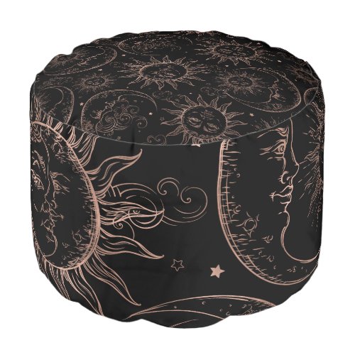 Celestial Sun Moon Stars Whimsical Rose Gold Black Pouf