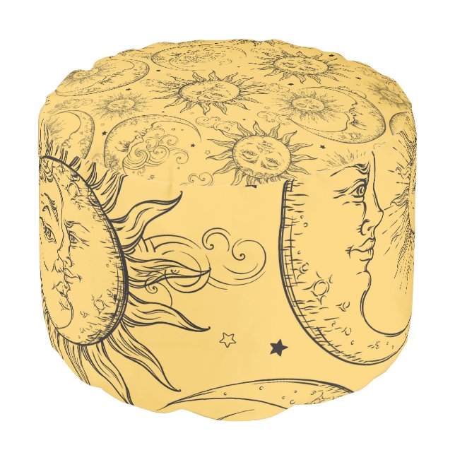Celestial Sun Moon Stars Whimsical Yellow Black Pouf (Angled Front)