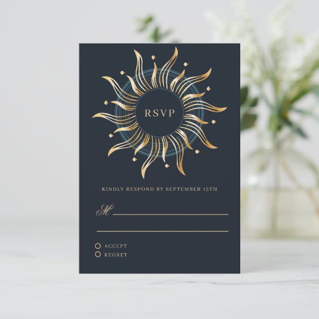 Celestial Sun Navy Golden Monogram RSVP Card (Standing Front)