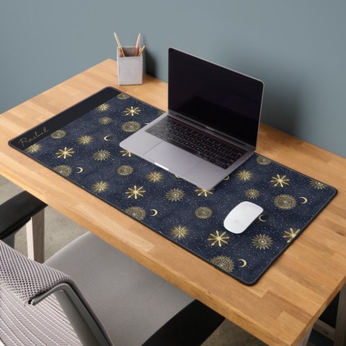 Celestial Sun Stars Blue and Gold Monogram Name Desk Mat