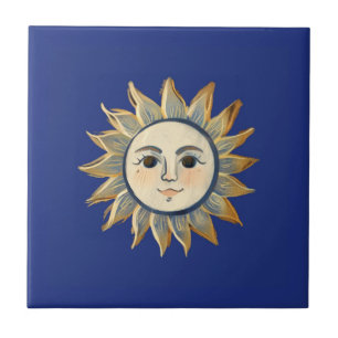 Celestial Sun with Face Gold and Dark Blue Ceramic Tile