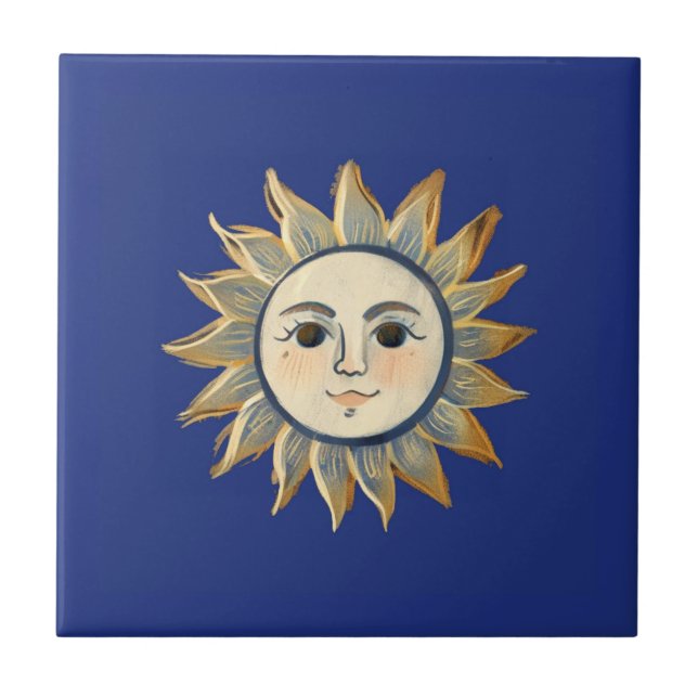 Celestial Sun with Face Gold and Dark Blue Ceramic Tile (Front)